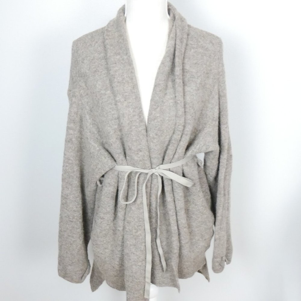 Anthropologie Moth Oatmeal Brown Grey Wool Knit Open Cardigan with Tie Medium